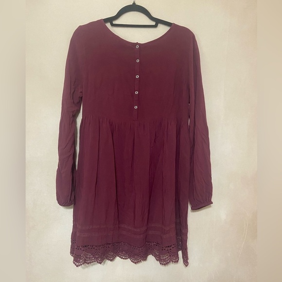 Roxy EUC burgundy long sleeve crochet trim babydoll 100% viscose mini dress S - Picture 9 of 9